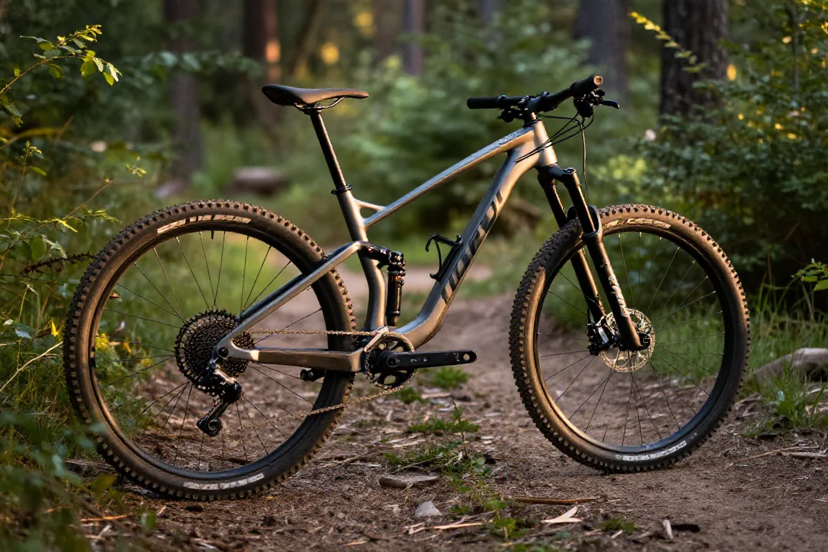 Rower górski na leśnym szlaku w Polsce, z widocznymi detalami technicznymi.