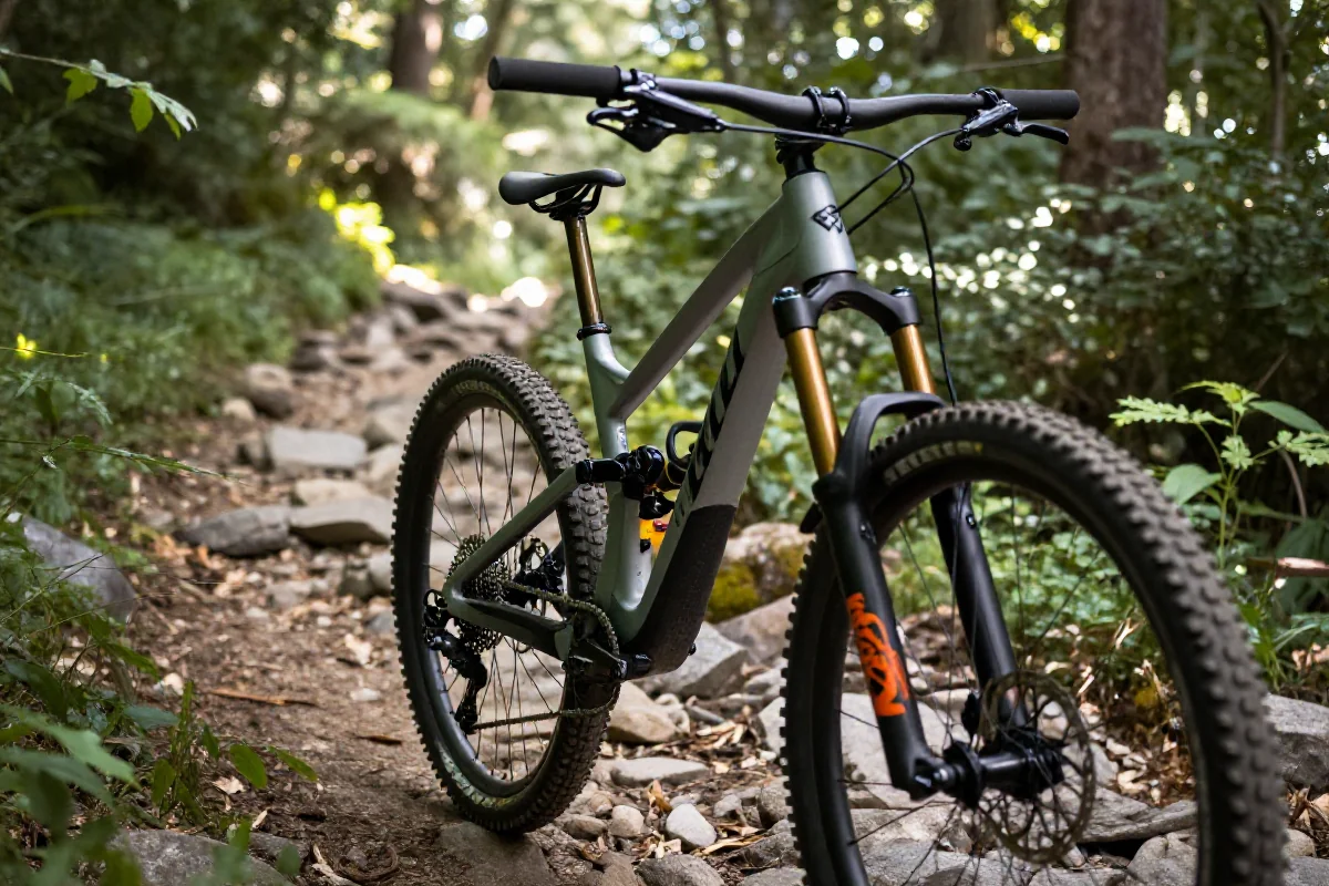 Blisko widok na rower górski na szlaku w lesie, pokazujący detale sprzętu MTB.