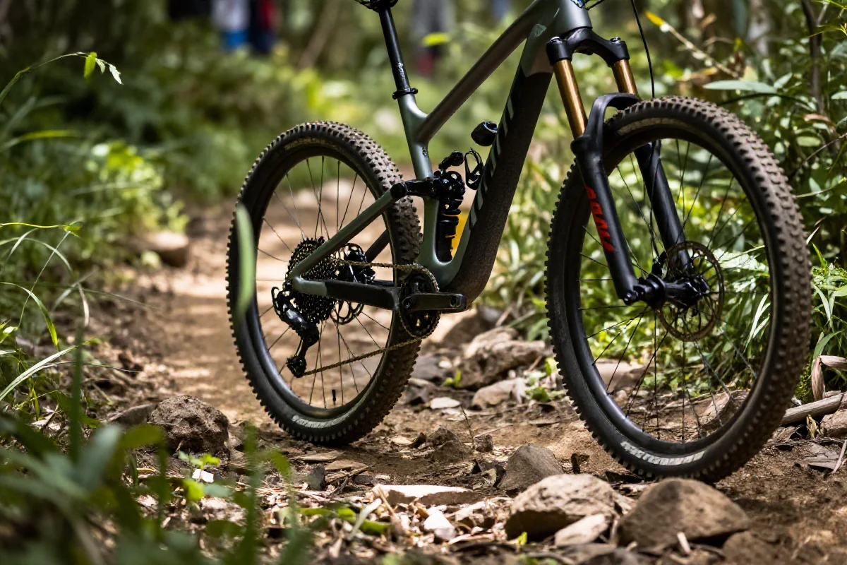 Rower górski na szlaku, zbliżenie na ramę i koła