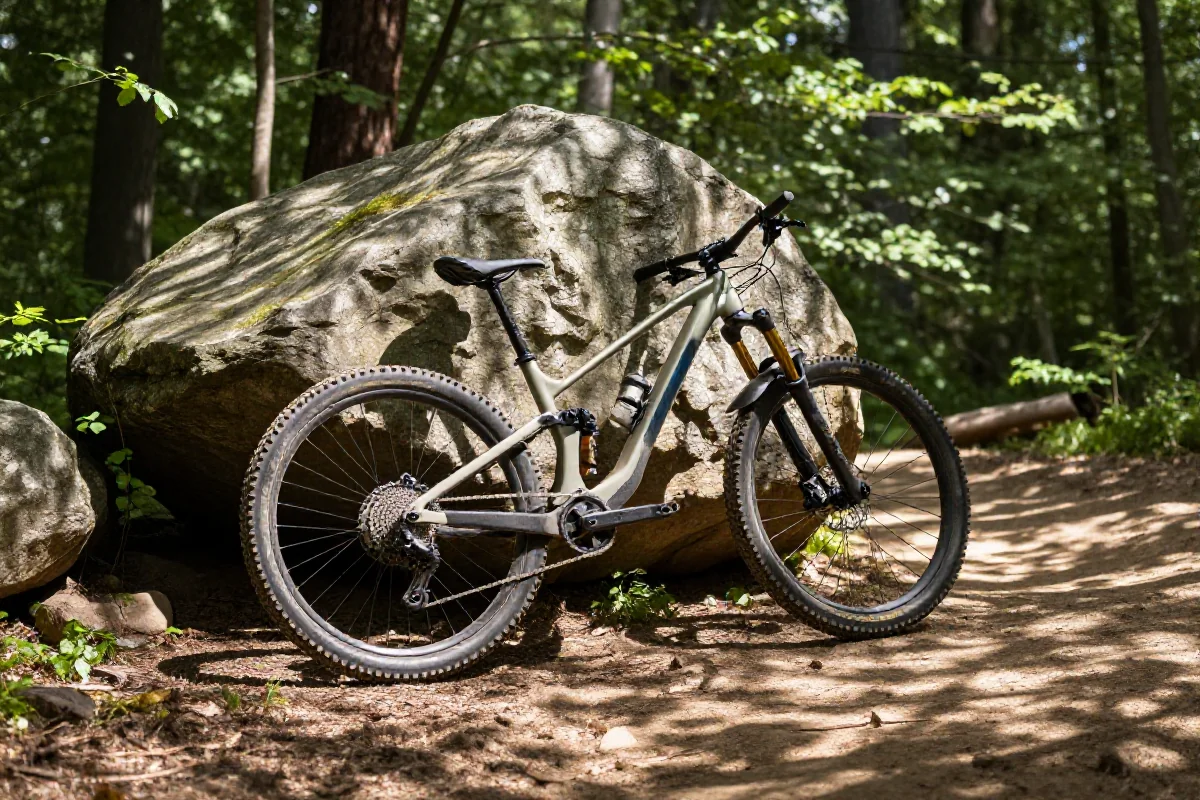 Rower górski na szlaku w lesie, prezentujący zasady ruchu MTB.