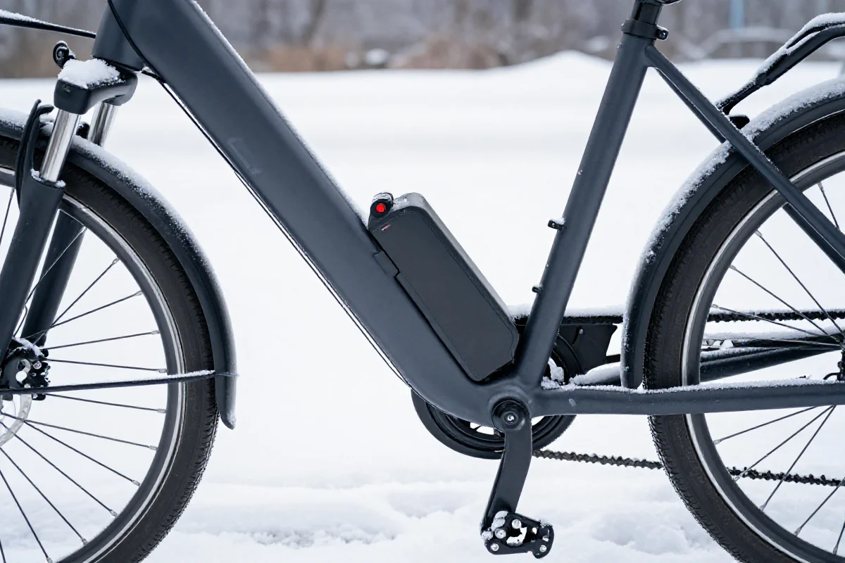 Zasięg e-bike w mrozie, zbliżenie na akumulator litowo-jonowy w zimowym otoczeniu.