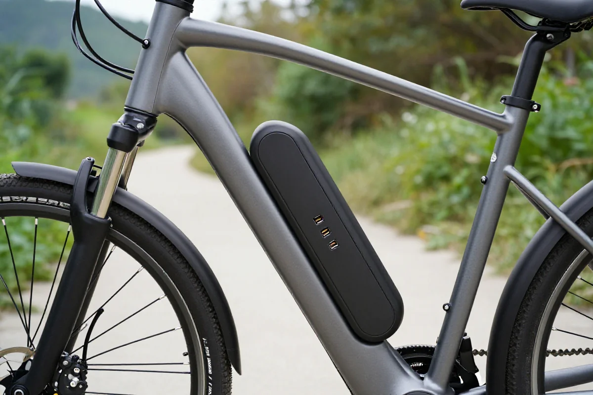 Współczesny rower elektryczny z portem USB do ładowania urządzeń.