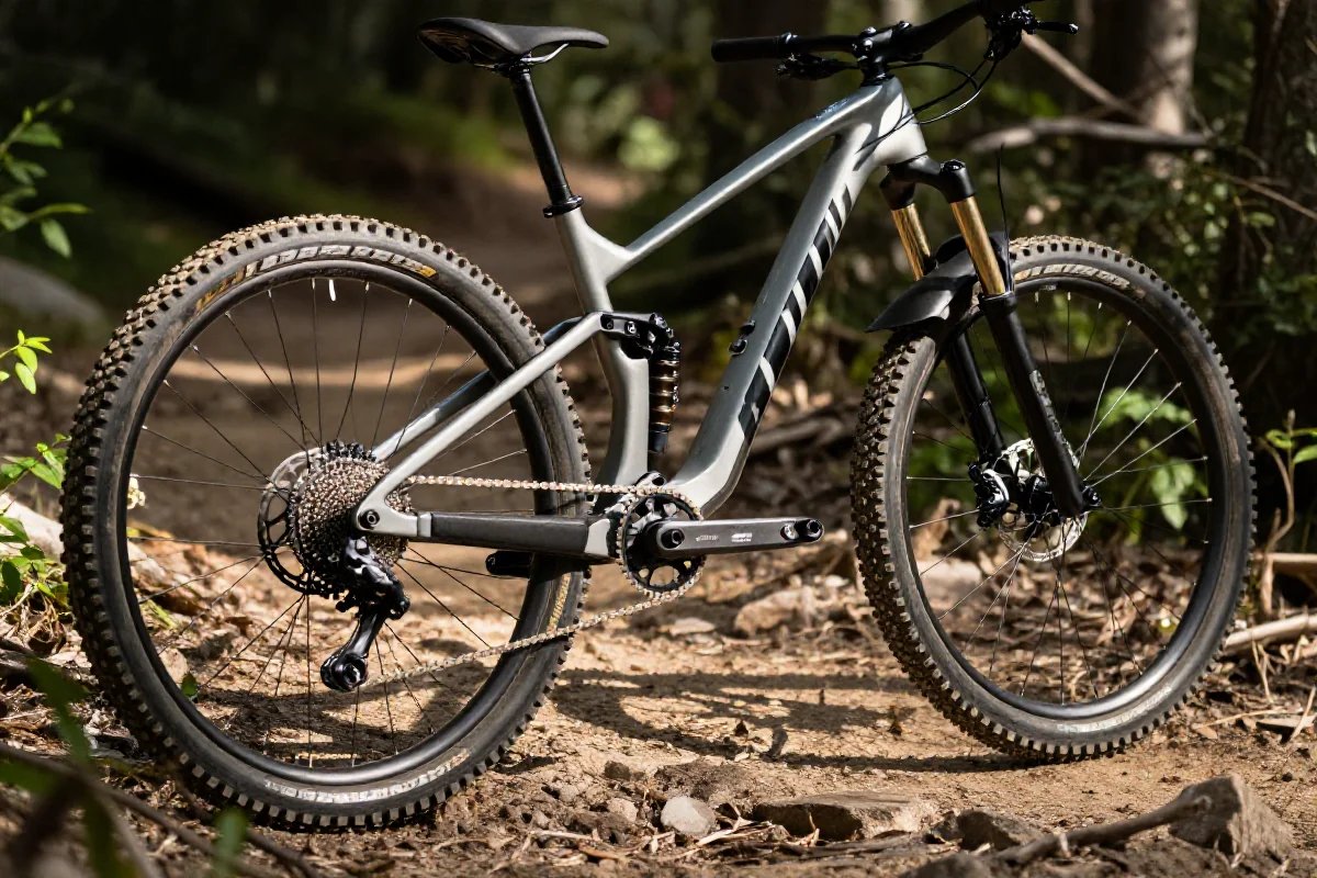 Nowoczesny rower górski na szlaku, pokazujący detale ramy i kół.