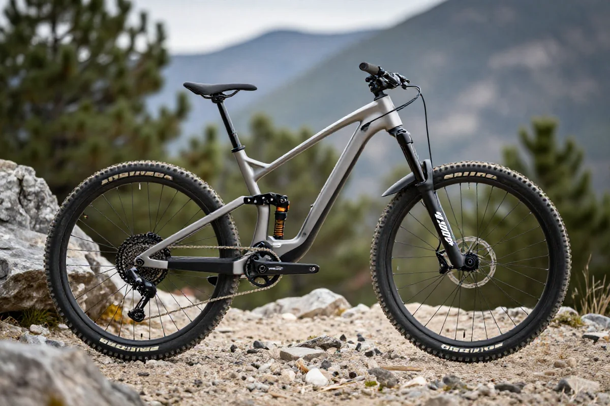 Nowoczesny rower górski enduro na szlaku w górach, idealny do jazdy terenowej.