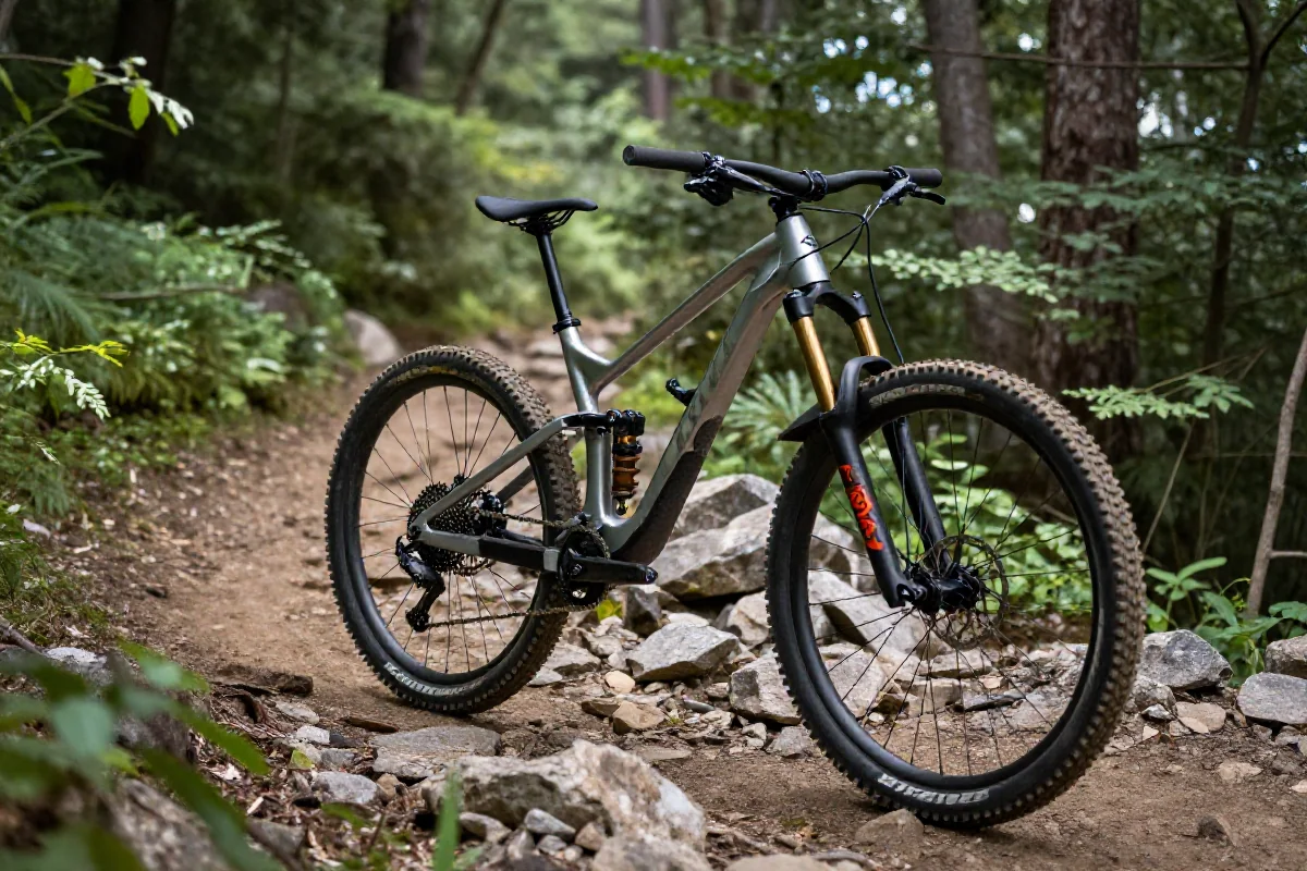 Rower trail na wąskiej trasie górskiej w lesie, idealny do jazdy MTB.