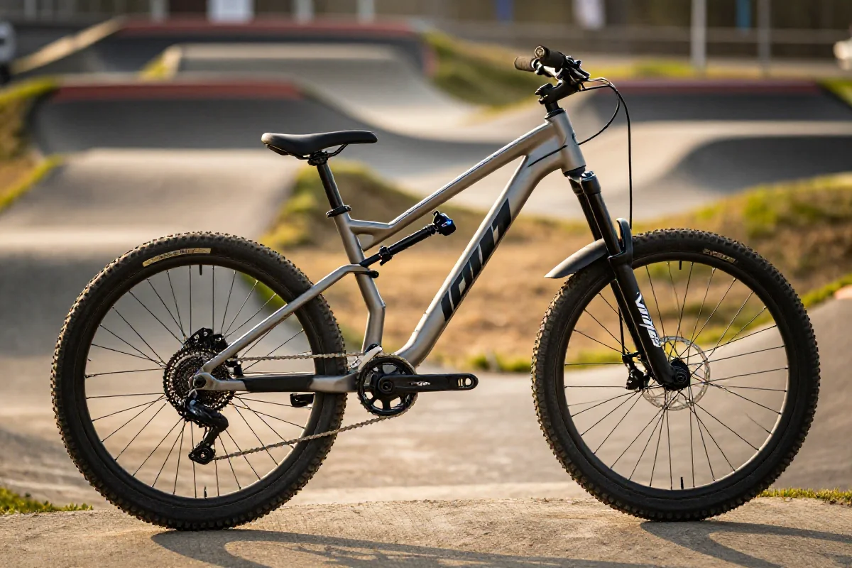 Rower parkowy na torze pump track, idealny do dirt jumpingu.