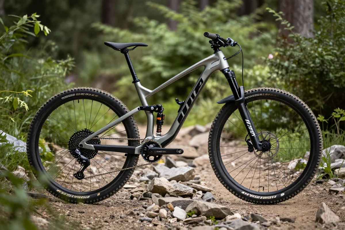 Rower górski trail z zawieszeniem 120-140mm na szlaku w terenie.