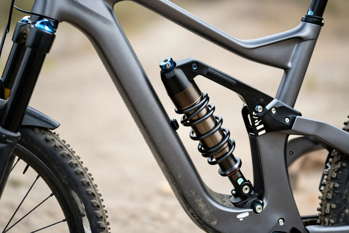 Zbliżenie na system zawieszenia roweru górskiego, pokazujące szczegóły amortyzatora.