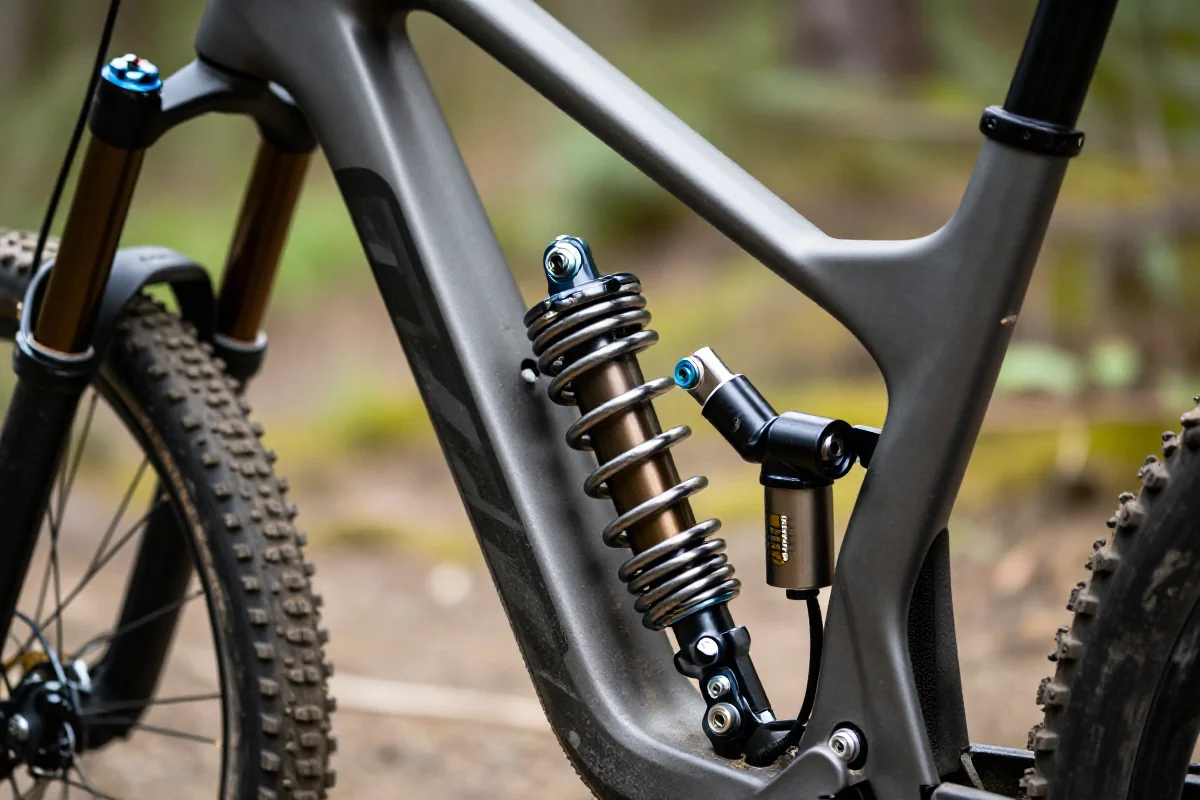 Sztywne zawieszenie roweru górskiego z widocznymi komponentami i teksturami.