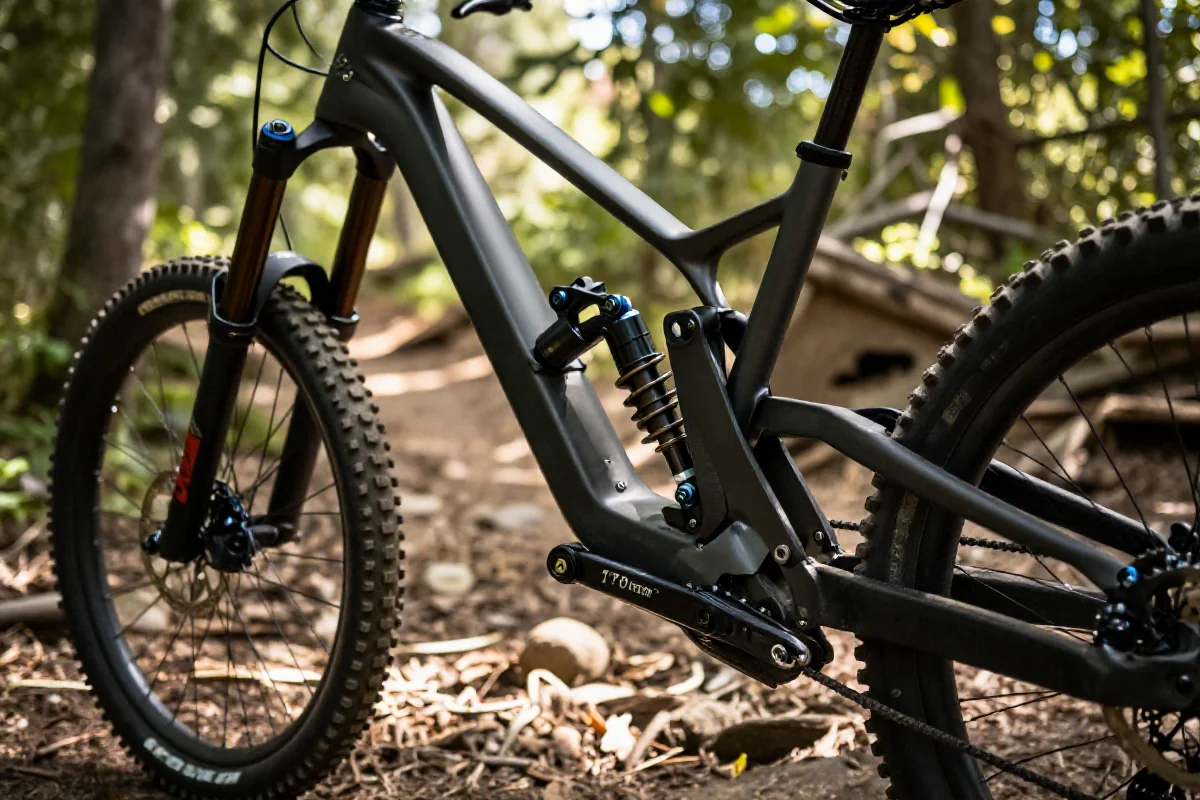 Zawieszenie roweru enduro o skoku 170mm na szlaku górskim.