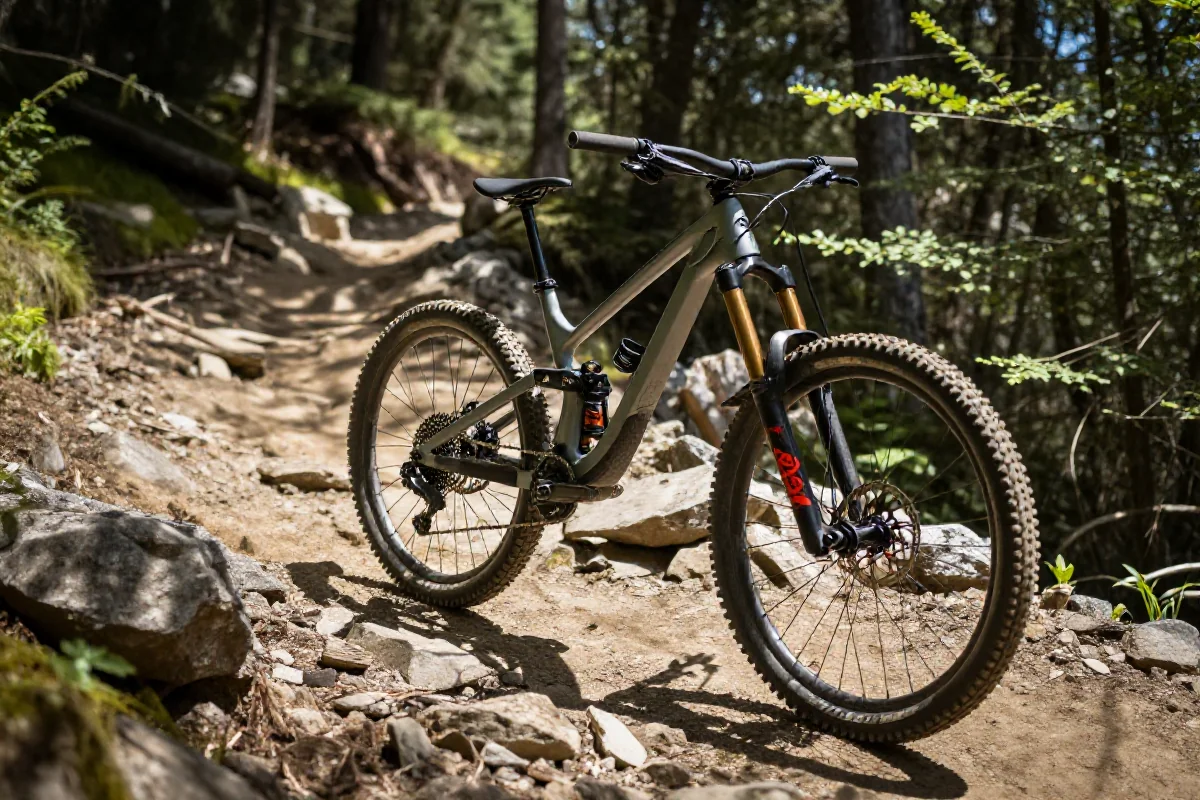 Rower górski na trudnej trasie zjazdowej w lesie.