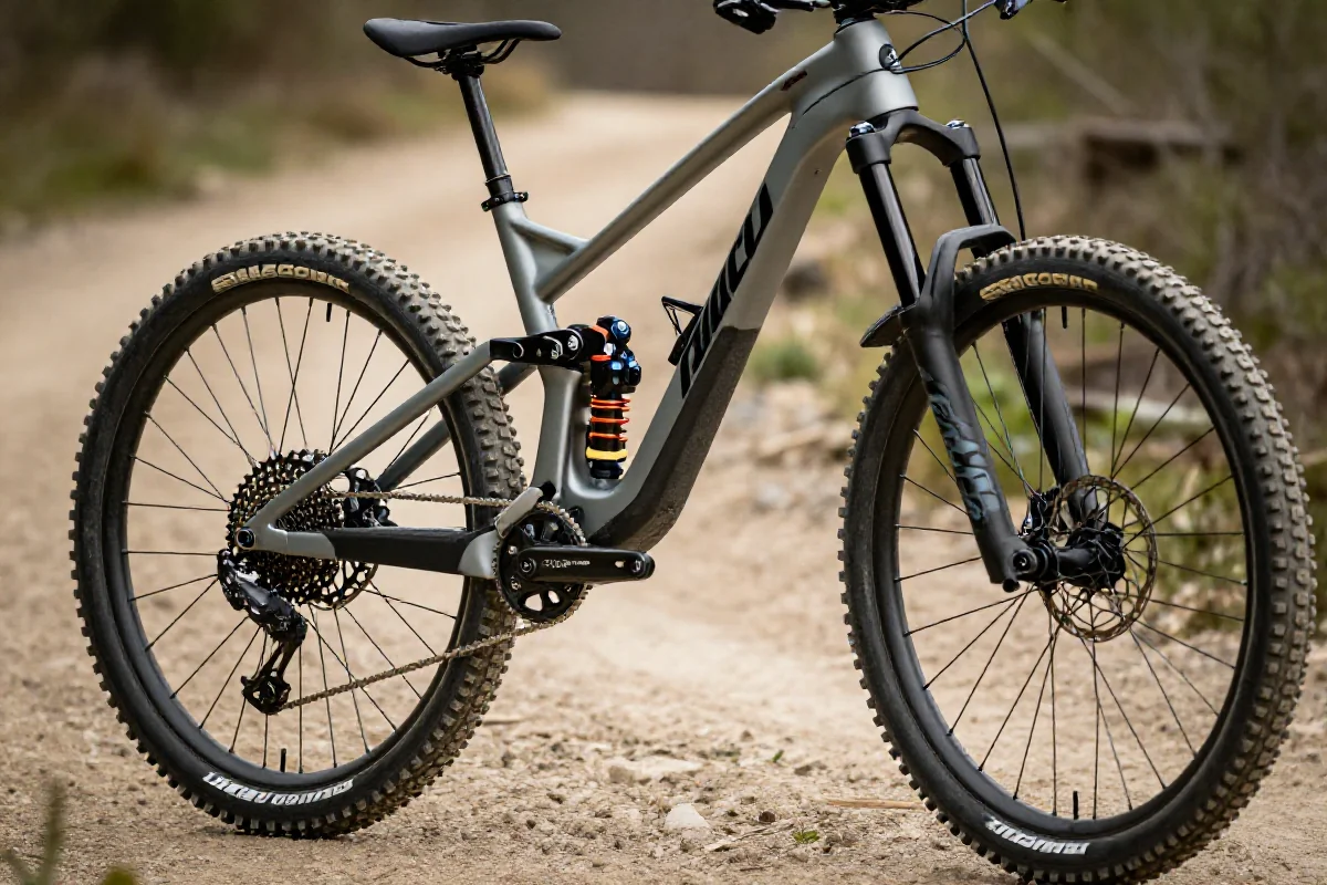 Fotografia górskiego roweru z technicznymi detalami w naturalnym otoczeniu