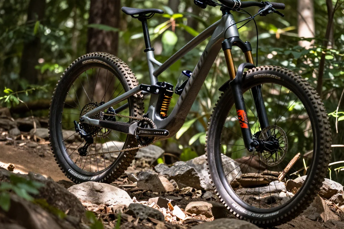 Rower enduro na leśnej trasie górskiej, ukazujący detale sprzętu.