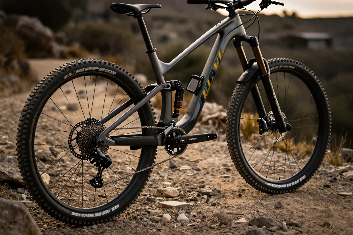 Rama roweru górskiego na szlaku, z widocznymi komponentami technicznymi.