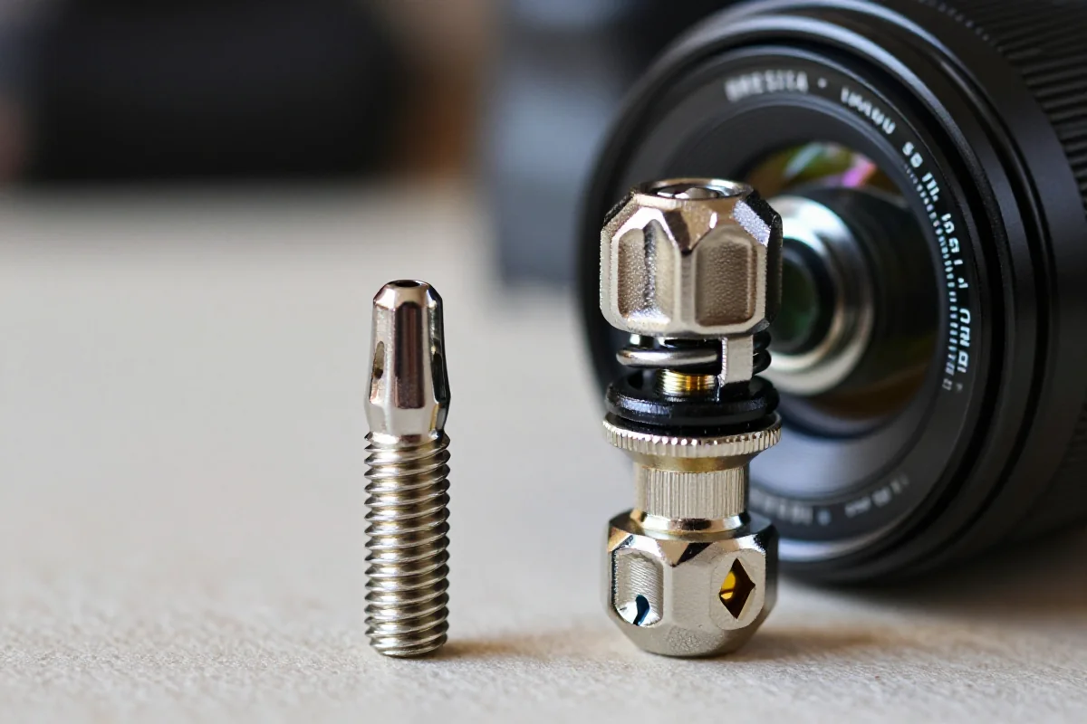 Zawory Presta i Schrader pokazane obok siebie, ukazujące różnice konstrukcyjne.