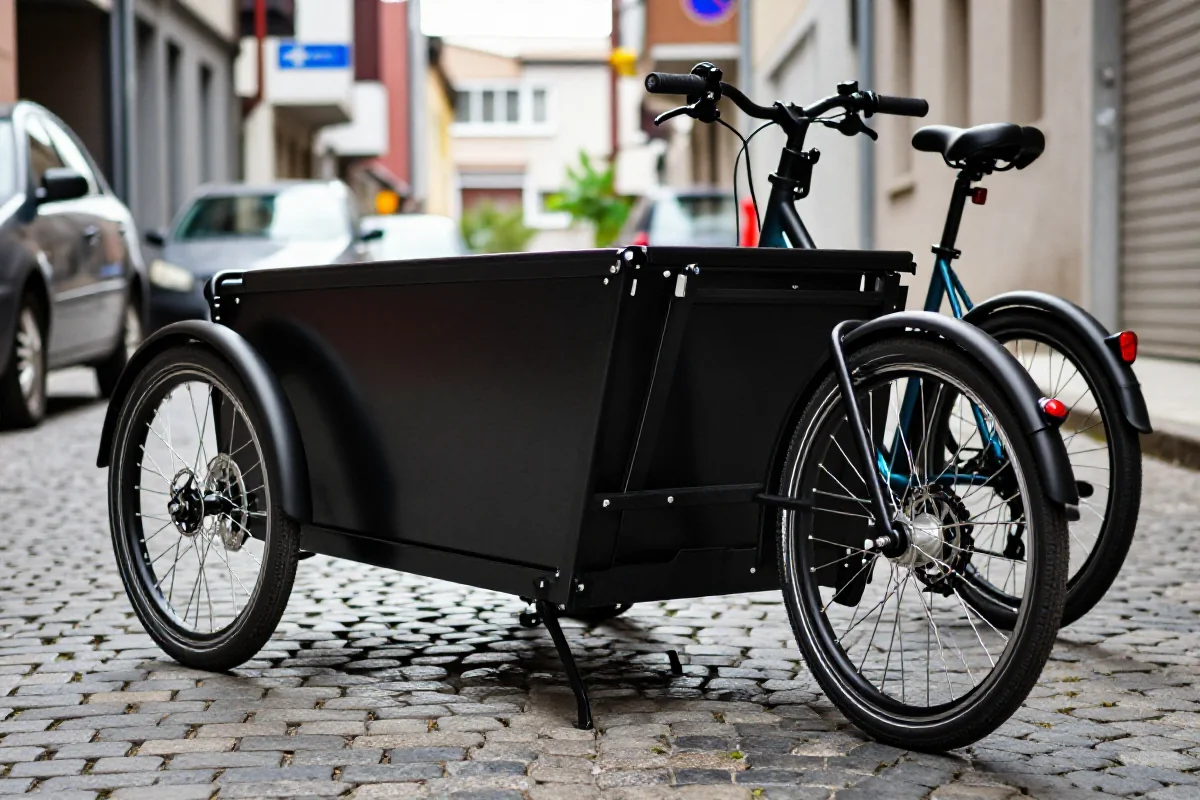 Rower cargo w wąskiej uliczce, pokazujący szczegóły konstrukcji i manewrowania.