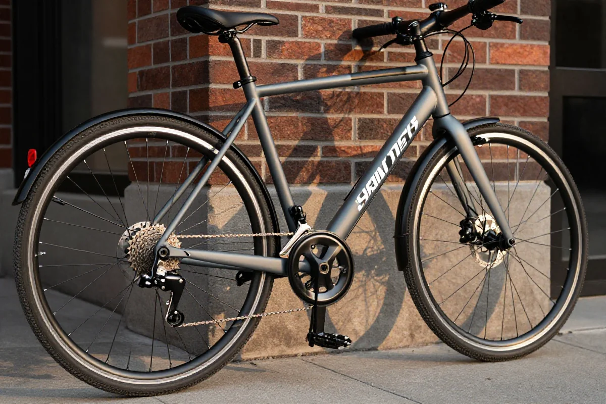 Rower miejski z bliska, podkreślający szczegóły komponentów i konstrukcję.