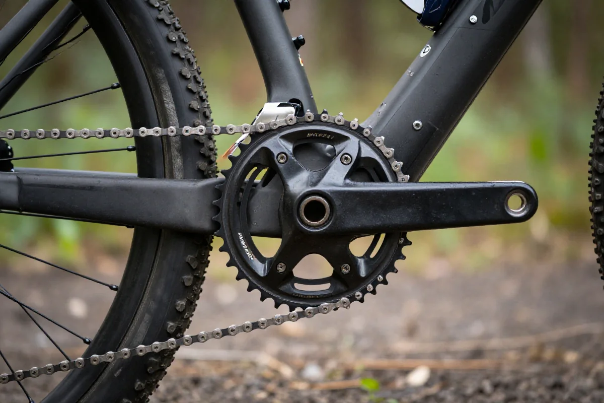 Zębatka narrow-wide na rowerze górskim, idealna do jazdy w terenie.