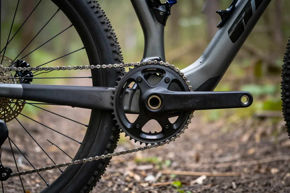 Nowoczesna zębatka przednia MTB z technologią narrow-wide w naturalnym otoczeniu.