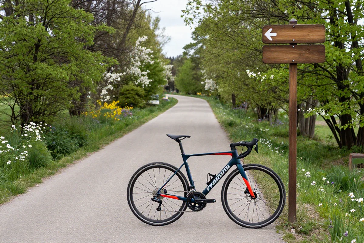 Malownicza trasa rowerowa w Mazowszu z widokiem na rower szosowy.