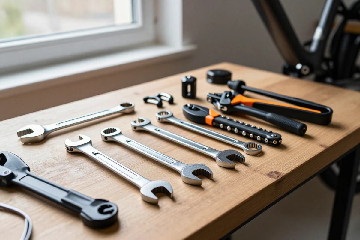 Budżetowy zestaw narzędzi do e-bike na warsztatowym stole.