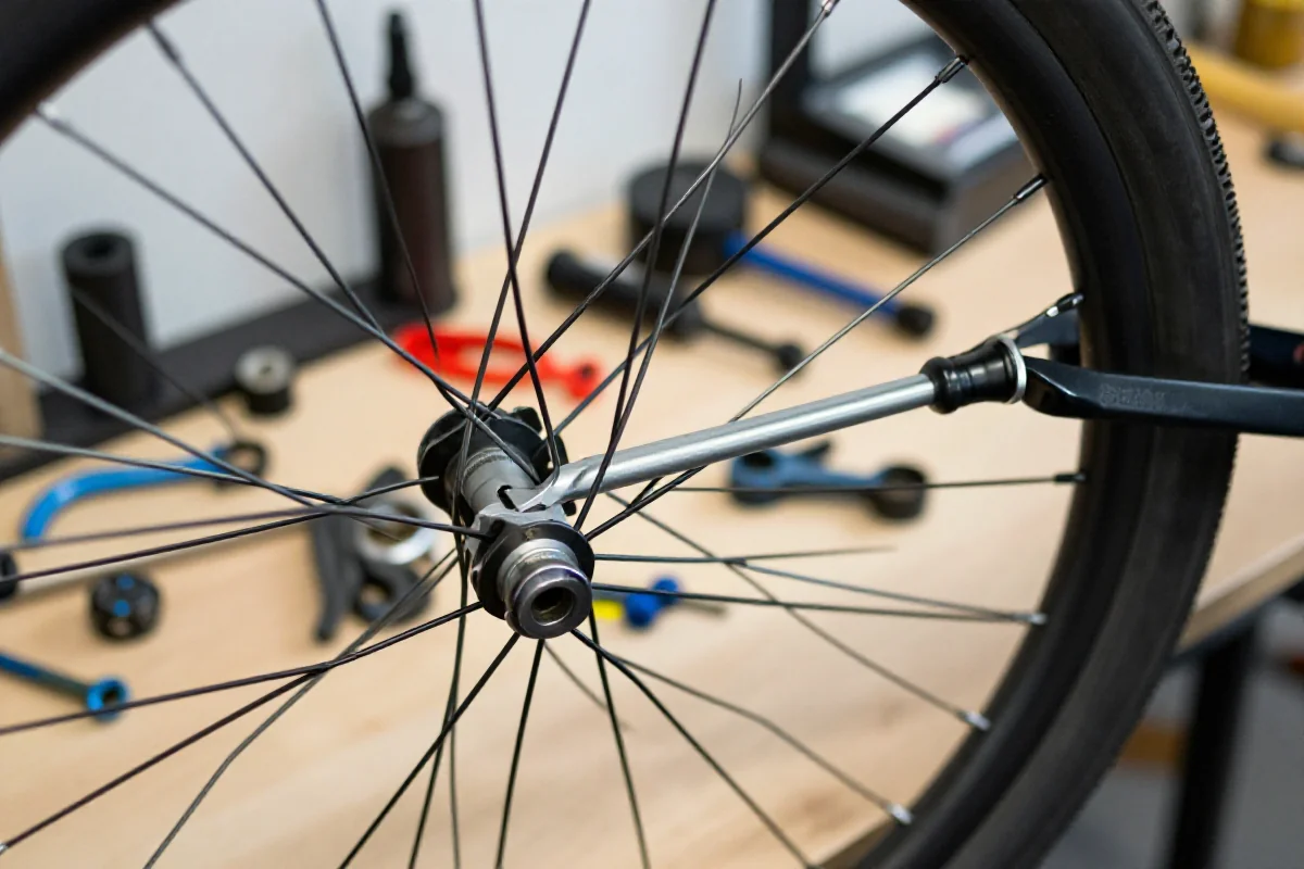 Zestaw narzędzi dla mechanika rowerowego, klucz do szprych w akcji.