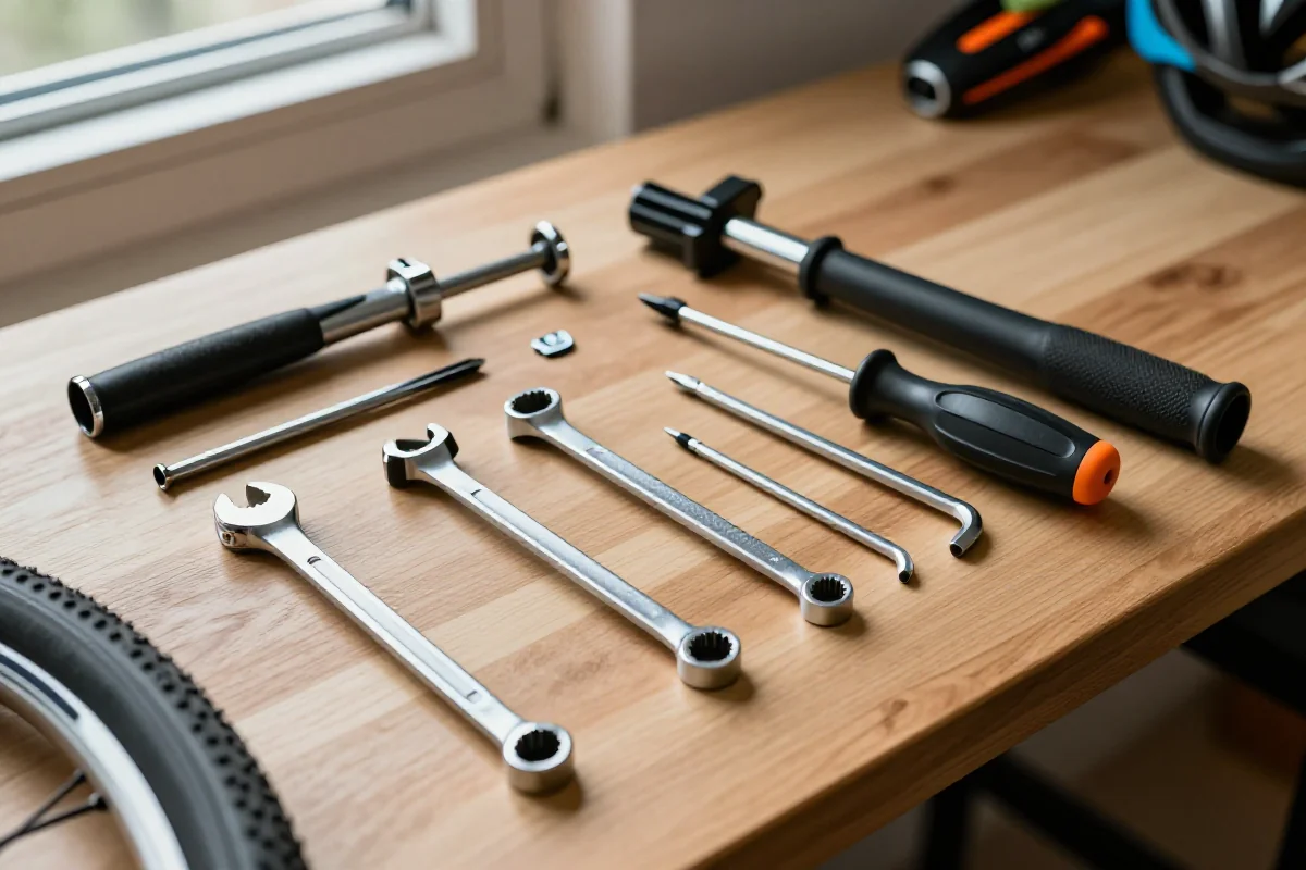 Zestaw narzędzi do serwisowania roweru na drewnianym warsztacie