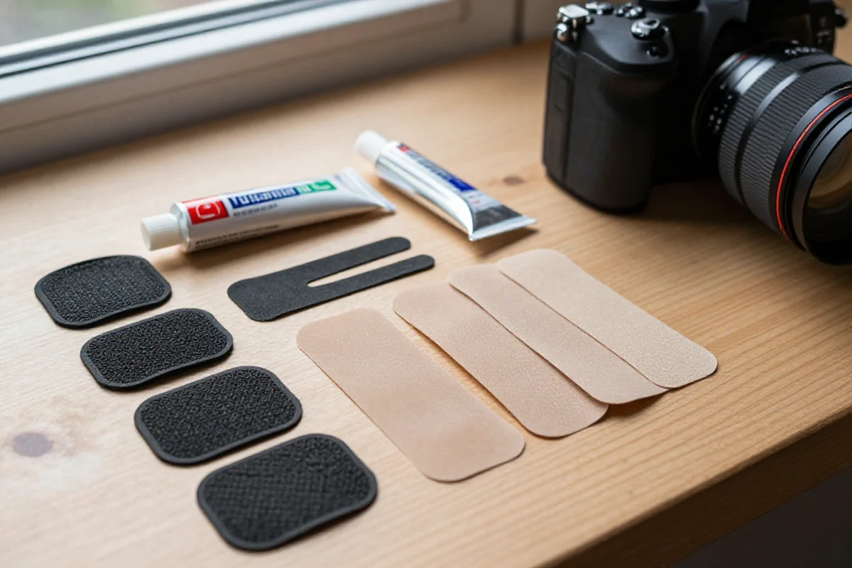 Zestaw łatania dętek z łatkami i klejem na drewnianym stole.