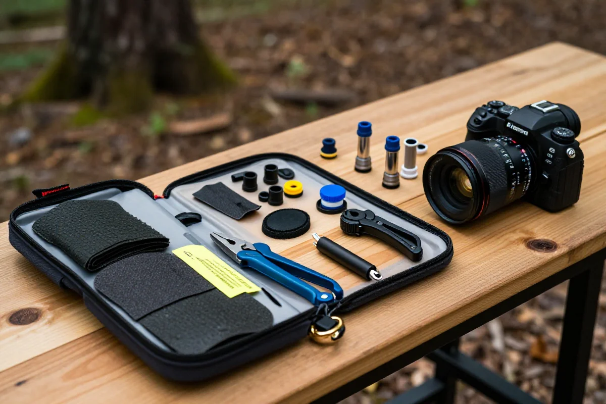 Zestaw naprawczy do roweru górskiego z łatkami i narzędziami na stole.