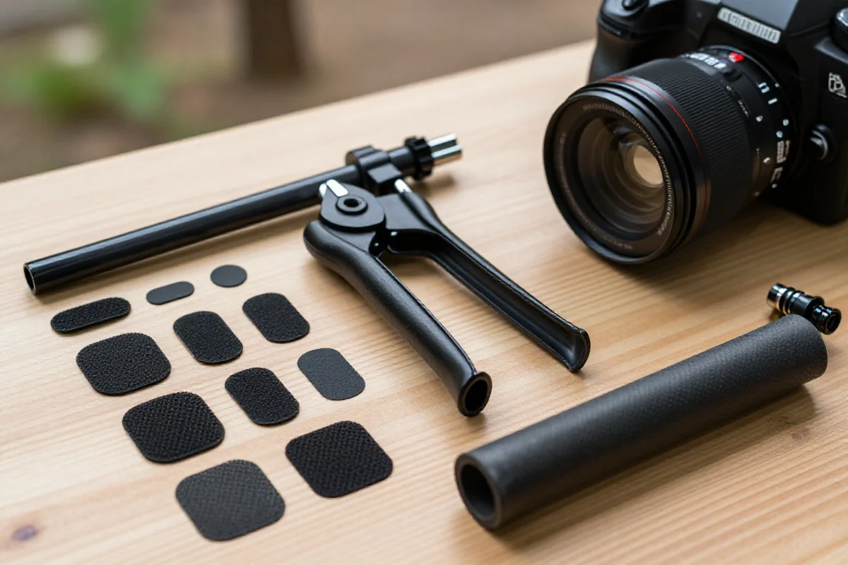 Zestaw naprawczy do roweru z łatkami, dętką i narzędziami na drewnianej powierzchni.