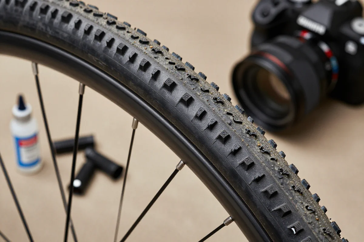 Zestaw tubeless do rowerów z płynem uszczelniającym i zatyczkami.