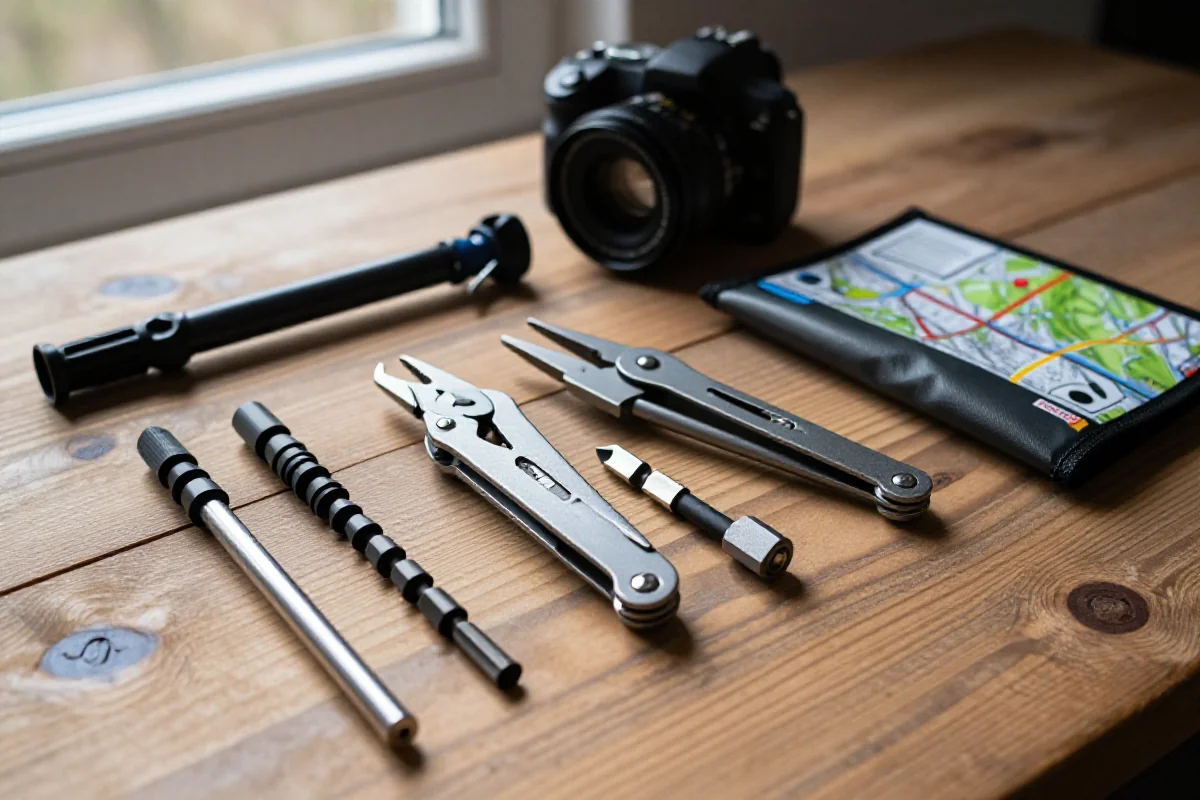 Zestaw narzędzi do zimowej jazdy na rowerze górskim, w tym multitool i pompka.