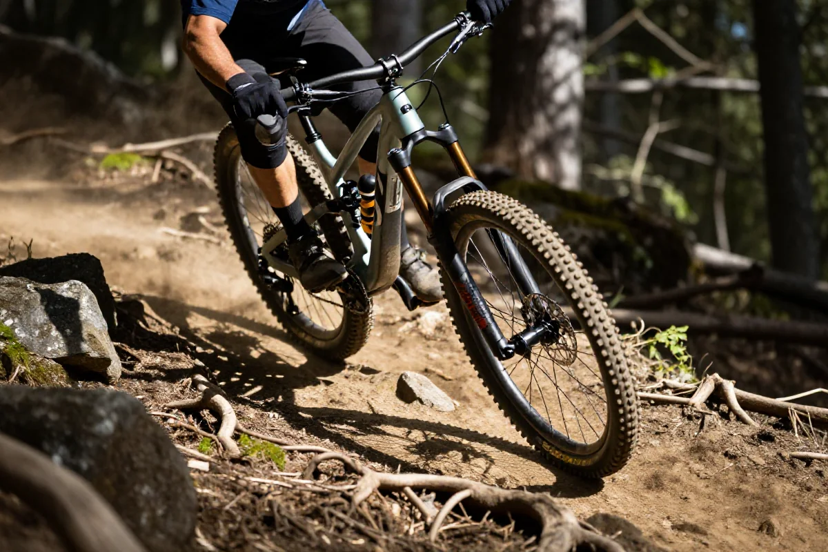 Zjazd rowerem górskim po technicznym terenie z przeszkodami naturalnymi