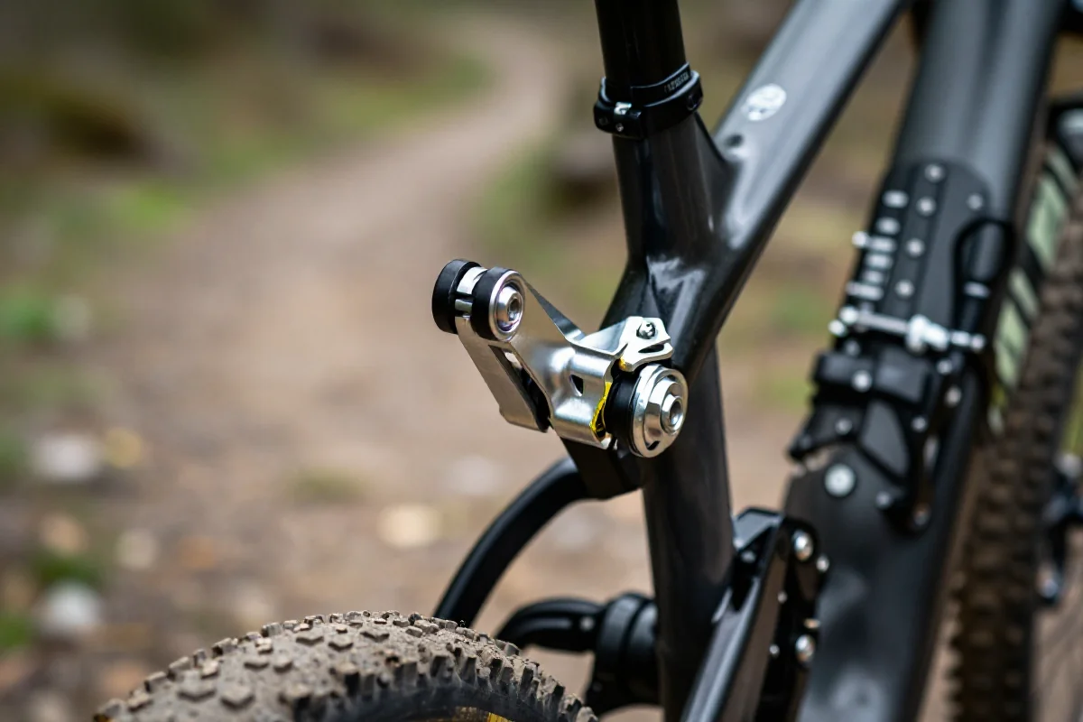 Uszkodzony hak przerzutki w rowerze górskim na tle naturalnym