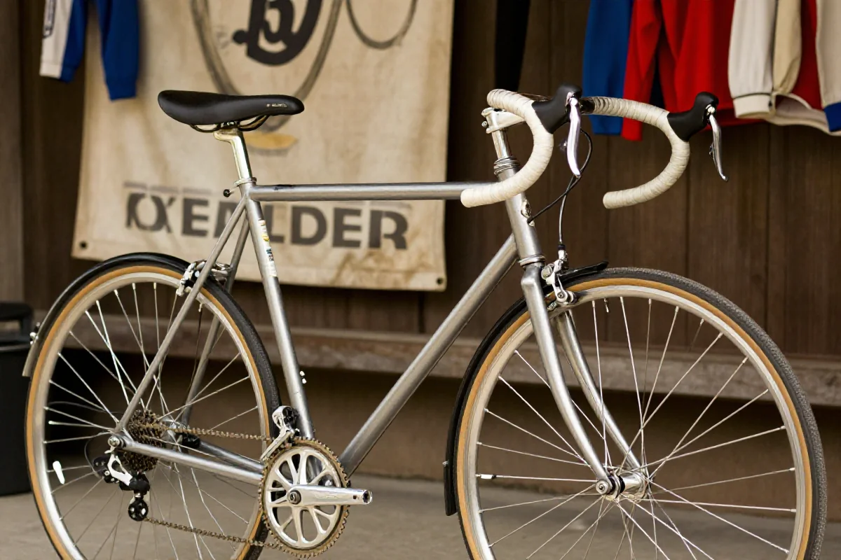 Współczesny rower szosowy z lat 60-70 w klimacie wyścigów kolarskich.