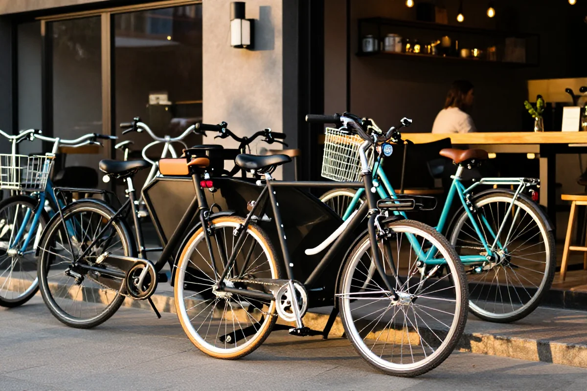 Rowerowa społeczność w mieście, różnorodne rowery przed kawiarnią rowerową.