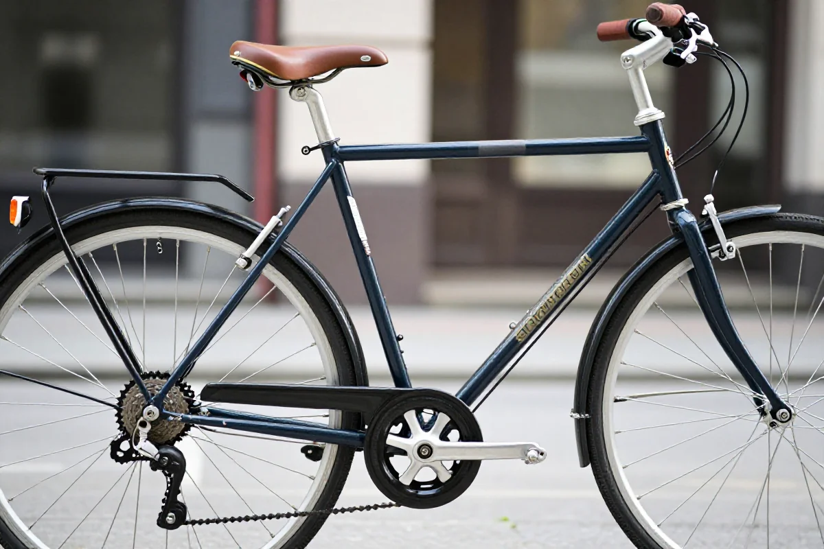 Rower miejski z unikalnymi komponentami na tle miejskim