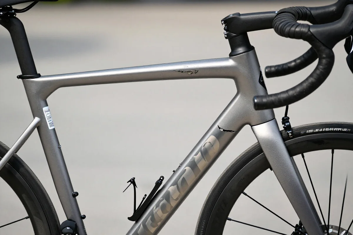 Uszkodzenia wizualne roweru szosowego, w tym zarysowania i wgniecenia.