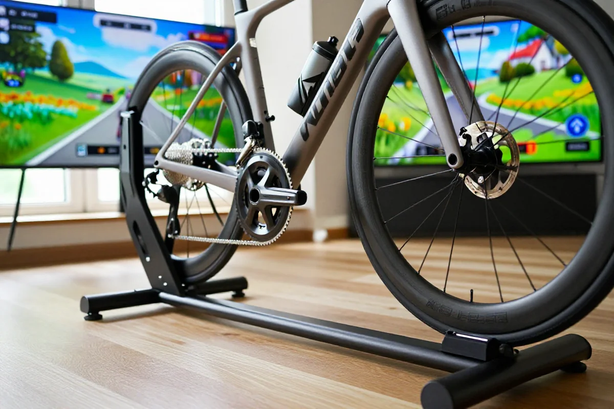 Wysokiej jakości trenażer rowerowy w wirtualnym środowisku treningowym.