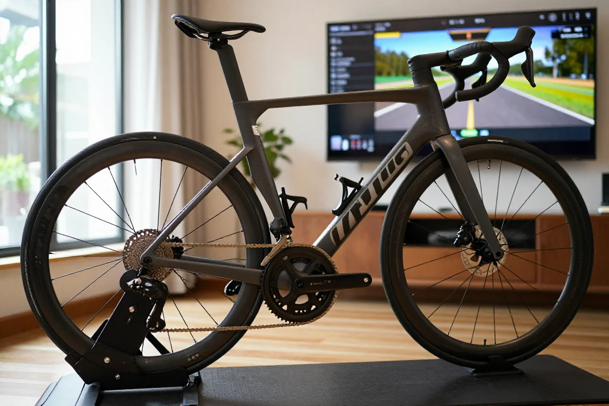 Nowoczesny trenażer z rowerem szosowym w wirtualnym treningu na platformie.