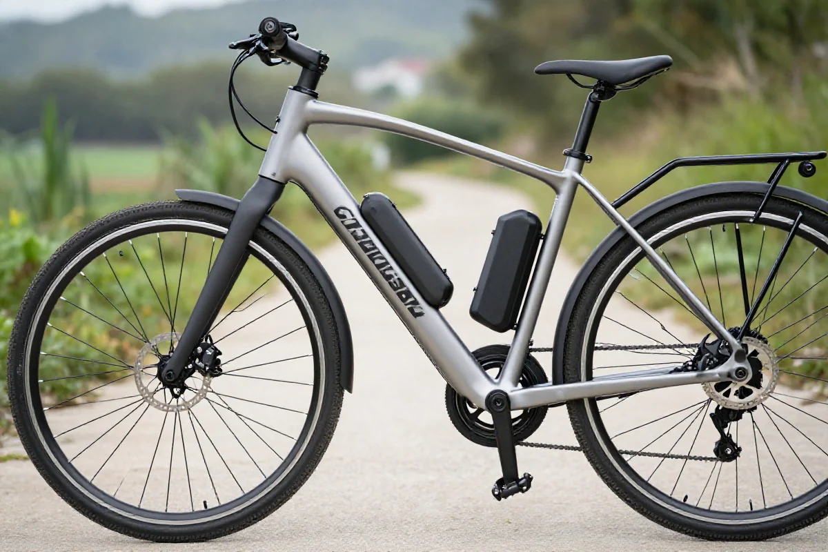 Nowoczesny rower elektryczny na tle ścieżki rowerowej, podkreślający ekologiczną mobilność.