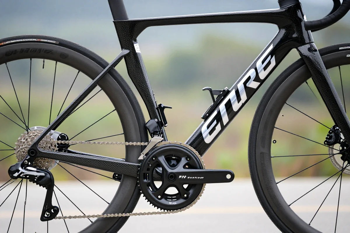 Szczegółowa fotografia ramy roweru szosowego z elementami wytrzymałościowymi.