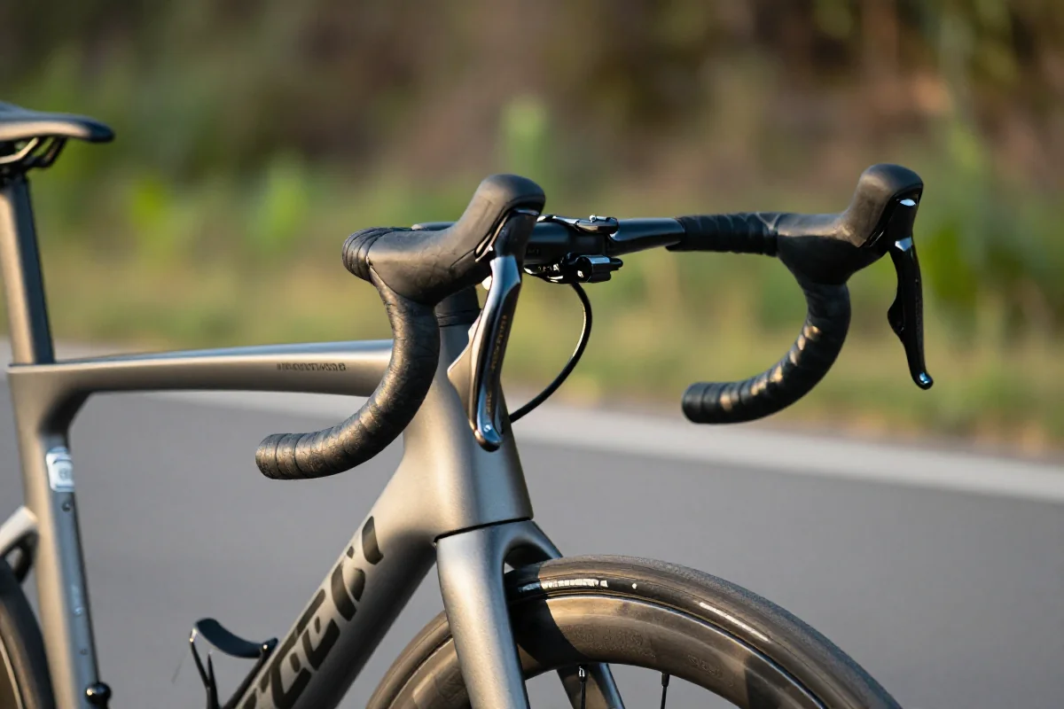 Szczegółowy widok na kierownicę roweru szosowego podczas jazdy.