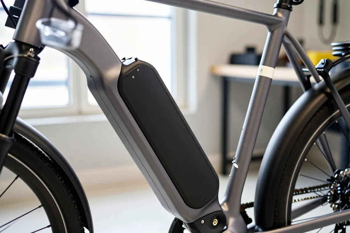 Akumulator litowo-jonowy w rowerze elektrycznym, z detalami technicznymi.